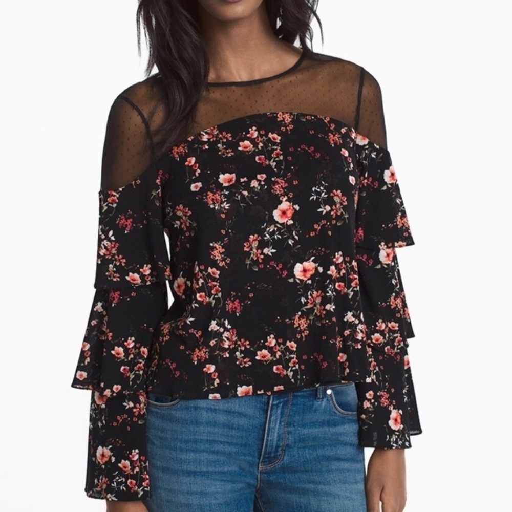White House Black Market Floral Blouse w/ Mesh Shoulders & Tiered Sleeves Small